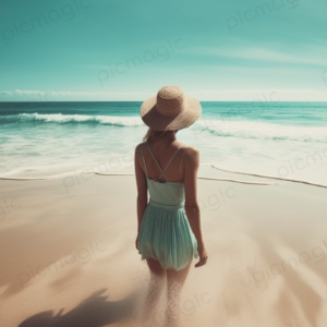 海 砂浜を歩く女性　画像 無料　サンプル