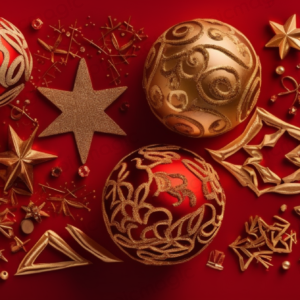 クリスマス　画像　無料　星と丸のゴールドオーナメント　赤背景