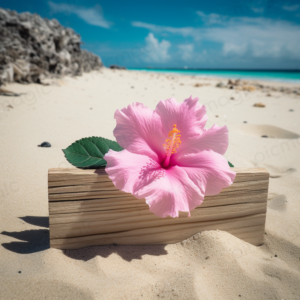 ピンクのハイビスカス 海 砂浜　画像 無料　サンプル