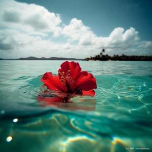 海に浮かんだ　赤いハイビスカス 海 画像 無料 サンプル