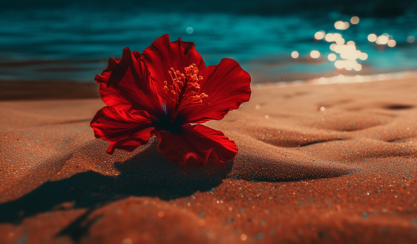 砂浜　赤いハイビスカス 海 画像 無料 サンプル