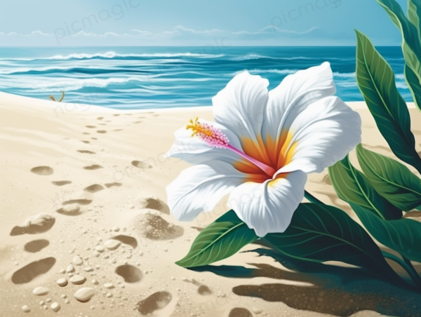 白　砂浜　ハイビスカス 海 画像 無料 サンプル