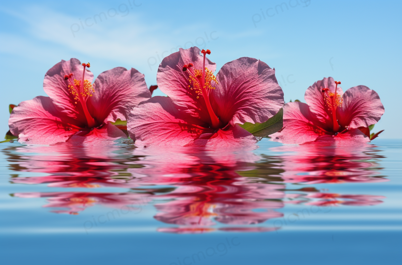 水面　ピンクのハイビスカス 海 画像 無料　サンプル