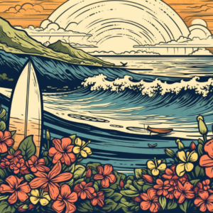 打ち寄せる波　イラスト　ハイビスカス 海 画像 無料 サンプル
