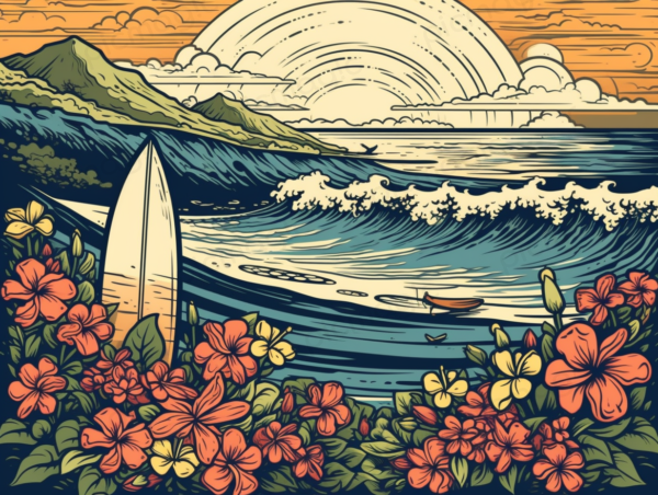 打ち寄せる波　イラスト　ハイビスカス 海 画像 無料 サンプル
